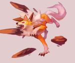  claws colored_sclera grey_background kogawakenji lycanroc lycanroc_(dusk) no_humans open_mouth pokemon pokemon_(creature) red_eyes red_sclera rock simple_background solo spikes two-tone_fur white_fur wolf yellow_fur 