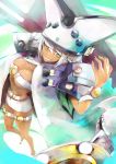  1girl abs absurdres bana_(stand_flower) beltbra breasts cape cleavage dark_skin guilty_gear guilty_gear_xrd hat highres long_hair looking_at_viewer muscle muscular_female ramlethal_valentine short_shorts shorts solo thigh_strap underboob white_hair yellow_eyes 