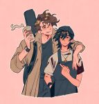  2boys alternate_costume alternate_universe apron arm_on_another's_shoulder bags_under_eyes barista black_apron black_beanie black_eyes black_hair black_hat black_nails black_shirt bracelet brown_coat brown_hair closed_mouth coat coffee cropped_torso cross cross_necklace cup cyani07 disposable_coffee_cup disposable_cup dream_smp earrings frown guitar_case hat highres holding holding_cup instrument_case jewelry looking_at_another male_focus middle_finger minecraft_youtube multiple_boys necklace open_clothes open_coat open_mouth outline pink_background quackity shirt simple_background smile steam stud_earrings t-shirt upper_body watch white_outline white_shirt wilbur_soot wristwatch 