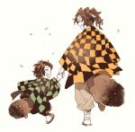  2boys ^_^ animal_ears brown_hair checkered child closed_eyes earrings facial_scar father_and_son flip-flops from_behind hair_slicked_back half_updo haori happy japanese_clothes jewelry kamado_tanjirou kamado_tanjurou kemonomimi_mode kimetsu_no_yaiba leaf male_focus multiple_boys newo_(shinra-p) pants profile raccoon_boy raccoon_ears raccoon_tail sandals scar side-by-side simple_background smile tail walking 