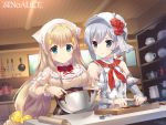  2girls :o artist_request asymmetrical_bangs bangs bare_shoulders blonde_hair bow breasts chocolate commentary_request cutting_board detached_sleeves eyebrows_visible_through_hair green_eyes grey_hair hat highres knife large_breasts long_hair multiple_girls official_art rapunzel_(sinoalice) rolling_pin silver_trim sinoalice snow_white_(sinoalice) square_enix teapot valentine very_long_hair white_hair 