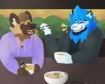  2020 5:4 african_wild_dog anthro black_nose bodily_fluids brown_body brown_fur canid canine chopsticks clothed clothing darius_davis detailed_background digital_drawing_(artwork) digital_media_(artwork) duo eating eyes_closed feeding food friedito frohawk fur hair hi_res holding_object hoodie hybrid jacket jewelry male mammal multicolored_body multicolored_fur necklace noodles open_mouth overweight ramen restaurant sitting skyvolts smile sweat sweatdrop topwear 
