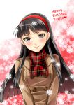  1girl amagi_yukiko bangs black_eyes black_hair blush brown_coat character_name closed_mouth coat floating_hair hairband happy_birthday highres long_hair long_sleeves looking_at_viewer persona persona_4 plaid plaid_scarf red_hairband red_scarf sato-pon scarf smile snowflakes solo upper_body very_long_hair 