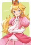  1girl blonde_hair blue_eyes breasts commentary crown dress earrings elbow_gloves gloves jewelry long_hair looking_at_viewer ma-hain-scarlet mario_(series) pink_dress princess_peach solo super_mario_bros. white_gloves 