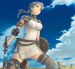  1girl blood blue_hair cloud copyright_request day green_eyes highres itou_(onsoku_tassha) scenery shield sky solo sword thighhighs weapon zettai_ryouiki 