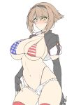  1girl alternate_costume american_flag american_flag_print areola_slip areolae bangs bikini_top black_legwear black_panties blush breasts brown_hair closed_mouth elbow_gloves eyebrows_visible_through_hair flag_print gloves hair_between_eyes hairband harukon_(halcon) highleg highleg_panties highres kantai_collection large_breasts micro_shorts mutsu_(kantai_collection) navel panties partly_fingerless_gloves short_hair shorts simple_background solo thighhighs underwear white_background white_shorts yellow_eyes 