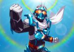  1boy armor black_bodysuit blue_armor blue_sky bodysuit driver_(kamen_rider) fire gloves glowing glowing_eyes goggles goggles_on_head gotcha_driver highres kamen_rider kamen_rider_gotchard kamen_rider_gotchard_(series) looking_at_viewer male_focus orange_eyes otokamu power_armor rider_belt scarf sky solo steam_hopper sunlight tokusatsu white_scarf yellow_eyes 