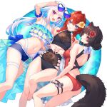  3girls :d abstract_background adjusting_eyewear ange_katrina animal_ears anklet arm_garter arm_up armlet armpits ass ass_visible_through_thighs back back_bow ban_(inui_toko) bare_arms bare_legs bare_shoulders barefoot bikini black-framed_eyewear black_bikini black_hair black_straps blue-tinted_eyewear blue_background blue_bikini blue_bow blue_eyes blue_flower blue_hair blue_nails blue_overskirt blunt_bangs blunt_sidelocks blush bow braid breasts casual_one-piece_swimsuit circle collarbone colored_inner_hair crossed_bangs crossed_belts dog_ears dog_girl dog_tail eyelashes eyewear_on_head feet_out_of_frame finger_to_mouth flat_chest flipped_hair floral_print flower frilled_bikini frilled_robe frills gold_anklet gold_armlet gold_belt gold_thighlet groin hair_bun hair_flower hair_intakes hair_ornament hair_over_shoulder hand_on_own_thigh hands_on_own_stomach heart heart-shaped_eyewear heterochromia hibiscus highres interlocked_fingers inui_toko jewelry ken_(inui_toko) knee_up knees_apart_feet_together knees_together_feet_apart kutori_pan'ya lace-trimmed_shorts lace-trimmed_sleeves lace_trim layered_bikini lize_helesta long_bangs long_hair looking_at_viewer low_ponytail low_twin_braids lying matching_accessory medium_breasts medium_hair multicolor-tinted_eyewear multicolored_hair multiple_girls multiple_thigh_straps nail_polish navel nijisanji off_shoulder on_back on_side one-piece_swimsuit open_clothes open_mouth open_robe oversized_eyewear overskirt own_hands_together purple-tinted_eyewear purple_eyes reclining red_eyes red_flower red_hair red_nails red_one-piece_swimsuit robe sanbaka_(nijisanji) see-through_bikini see-through_overskirt short_shorts shorts shoulder_blades shushing sidelocks skindentation smile sunglasses swimsuit tail tail_belt tankini thigh_gap thigh_strap thighlet tinted_eyewear twin_braids two-tone_hair very_long_hair virtual_youtuber white_background white_bikini white_bow white_hair white_robe wide_sleeves yellow_eyes yellow_flower 