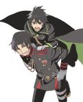  2boys bangs black_cape black_hair cape carrying gloves green_eyes hyakuya_yuuichirou ichinose_guren male_focus medal military military_uniform multiple_boys oka_(a.m.) owari_no_seraph parted_bangs piggyback red_eyes uniform white_gloves 