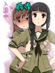  2girls :&gt; :&lt; bangs black_eyes black_hair blunt_bangs blush braid breast_grab brown_eyes brown_hair flat_chest flat_chest_grab full-face_blush grabbing green_skirt hands_on_hips itou_(onsoku_tassha) kantai_collection kitakami_(kantai_collection) long_hair looking_at_viewer motion_lines multiple_girls neckerchief ooi_(kantai_collection) pleated_skirt sailor_collar school_uniform serafuku single_braid skirt sweat white_background yuri 