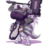  1:1 anthro armor big_breasts bobert breasts canid canine carrying_weapon clothing female hair hammer_(weapon) hi_res huge_breasts hyper hyper_breasts looking_at_viewer mammal muscular simple_background smile weapon white_background 