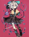  1girl absurdres black_hat blouse boots brown_skirt buttons diamond_button eyeball flower flower_hat frilled_sleeves frills full_body grey_hair hat hat_ribbon heart heart_of_string highres komeiji_koishi red_background ribbon shirt skirt soresaki third_eye touhou wide_sleeves yellow_shirt 