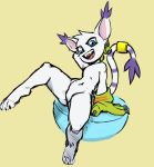  2020 ambiguous_gender anthro biped blue_eyes claws collaboration digimon digimon_(species) digital_media_(artwork) ear_tuft eyelashes fangs featureless_chest featureless_crotch felid fur gatomon hi_res jyemer looking_at_viewer mammal navel nude open_mouth open_smile pose purple_stripes rubrad simple_background smile striped_tail stripes tail_tuft tan_background toe_claws tuft two_tone_tail white_body white_ears white_fur white_tail 