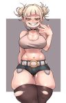  1girl absurdres ass_visible_through_thighs bare_shoulders belt blonde_hair boku_no_hero_academia breasts brown_legwear cleavage collar denim denim_shorts double_bun fangs grin heart_collar highres kelvin_hiu large_breasts looking_at_viewer navel short_hair short_shorts shorts skindentation smile solo tank_top thick_thighs thighhighs thighs toga_himiko torn_clothes torn_legwear yellow_eyes 