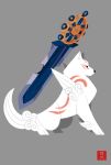  amaterasu black_eyes black_nose canid canine canis capcom deity eye_markings facial_markings feral fur grey_background head_markings leg_tuft mammal markings melee_weapon red_markings rikuta_tp side_view simple_background solo standing sword tuft video_games weapon white_body white_fur wolf ōkami 