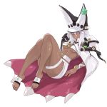  1girl abs absurdres arqa beltbra breasts cape commentary dark_skin guilty_gear guilty_gear_xrd hat highres long_hair looking_at_viewer muscle muscular_female navel ramlethal_valentine shorts simple_background solo thigh_strap underboob white_background white_hair yellow_eyes 