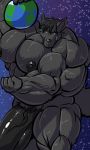  3:5 anthro big_muscles big_penis black_body black_fur bobert canid canine canis earth erection fur genitals hi_res holding_object holding_planet huge_muscles huge_penis hyper hyper_genitalia hyper_muscles hyper_penis looking_at_viewer macro male mammal mucle muscular nipples nude penis sky smile space star starry_sky vein veiny_penis wolf 