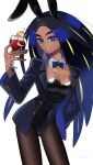  1girl alcohol alternate_costume animal_ears black_hair black_hairband black_jacket black_leotard blue_eyes bow bowtie breasts brown_pantyhose cleavage collarbone cup dark-skinned_female dark_skin detached_collar drinking_glass eyelashes fake_animal_ears geeta_(pokemon) grin hairband hand_up highres holding holding_cup jacket leotard long_hair lvetica nail_polish open_clothes open_jacket orange_peel pantyhose pokemon pokemon_sv rabbit_ears signature smile solo teeth white_background wine wine_glass 