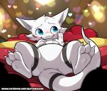  &lt;3 3_toes blitzdrachin blue_eyes blush chibi conditional_dnp dragon fur minnow_(lemonynade) patreon paws spread_legs spreading toes white_body white_fur 