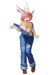  1girl blue_eyes breasts cleavage denim elphelt_valentine flasso guilty_gear guilty_gear_xrd highres jeans large_breasts looking_at_viewer open_mouth overalls pants pink_hair short_hair simple_background solo white_background 