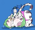  anthro big_breasts big_butt blue_background blue_hair bobert bodily_fluids breasts butt clothing felid female hair hat headgear headwear huge_breasts hyper hyper_breasts lactating looking_at_another male mammal mouse murid murine nipples pantherine rodent simple_background size_difference stuck_between_boobs thick_thighs tiger 