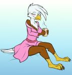 abigale_valgaln accipitrid accipitriform avian beak beverage bird clothed clothing coffee cup eagle evilymasterful feet female hi_res robe simple_background solo 