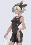  1girl black_bodysuit black_hairband bodysuit breasts can closed_mouth commentary covered_navel cowboy_shot dark_skin grey_background grey_hair gym_leader hairband highres holding holding_can holding_towel looking_at_viewer muscle muscular_female pokemon pokemon_(game) pokemon_swsh ribs saitou_(pokemon) short_hair silver_eyes silver_hair simple_background small_breasts soda_can solo standing sweatdrop towel zzzearly 