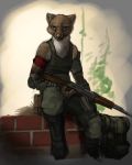  2015 4:5 anthro brown_body brown_fur clothed clothing fully_clothed fur holding_gun holding_object holding_weapon ipoke mammal mustelid pink_nose shirt sitting solo tank_top topwear weapon whiskers white_body white_fur 