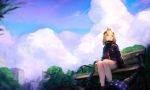  abigail_williams_(fate/grand_order) amo_(silent_bomb19) bandaid_on_forehead bench black_jacket blonde_hair blue_eyes blue_sky closed_mouth cloud cloudy_sky day fate/grand_order fate_(series) heroic_spirit_traveling_outfit jacket long_sleeves outdoors sitting sky tentacles 