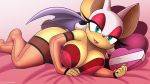  &lt;3 16:9 absurd_res big_breasts bra breasts chiropteran clothing english_text eyeshadow female fishnet hi_res legwear lingerie lipstick looking_at_viewer lying makeup mammal omegasunburst rouge_the_bat solo sonic_the_hedgehog_(series) stockings text underwear wings 