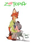  2016 anthro barefoot bodily_fluids bottomwear canid canine carrot_pen chang-kpf cheek_tuft clothed clothing dipstick_ears disney duo facial_tuft fox fully_clothed fur grey_body grey_fur hand_on_head hi_res holding_object judy_hopps lagomorph leporid mammal multicolored_ears neck_tuft necktie nick_wilde pants rabbit red_fox shirt simple_background standing tears topwear tuft white_background zootopia 