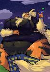  anthro anthrofied arcanine belly big_belly big_breasts blush bobert breasts building clothing cloud cocktail_glass cocktail_umbrella eyes_closed female hi_res huge_breasts hyper hyper_breasts macro night nintendo overweight pok&eacute;mon pok&eacute;mon_(species) shirt size_difference sky smile star starry_sky thick_thighs topwear video_games 