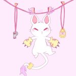  1:1 ambiguous_gender black_claws blush claws clipped clothing crest_of_light digimon digimon_(species) digimon_crest eyes_closed fur gatomon gloves handwear hanging_(disambiguation) long_tail lyns pink_background simple_background solo symbol tail_ring whistle white_body white_fur yellow_gloves 