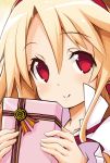  1girl blonde_hair box close-up disgaea eyebrows_visible_through_hair flonne flonne_(fallen_angel) gift gift_box iwasi-r long_hair looking_at_viewer red_eyes ribbon smile solo upper_body valentine 