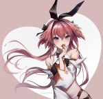  1991_(blz) 1boy animal_ears artist_name astolfo_(fate) astolfo_(saber)_(fate) bare_shoulders black_bow black_neckwear blush bow bowtie bunny_ears detached_sleeves fake_animal_ears fate/grand_order fate_(series) food fruit grey_background hair_bow hair_intakes hand_up heart highres holding holding_food holding_fruit long_hair long_sleeves looking_at_viewer male_focus midriff navel otoko_no_ko pink_hair purple_eyes smile strawberry twitter_username upper_body wide_sleeves 