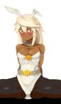  1girl breasts bunnysuit cleavage closed_mouth dark_skin ghgnvm guilty_gear guilty_gear_xrd hat highres long_hair looking_at_viewer orange_eyes ramlethal_valentine simple_background solo white_background white_hair 