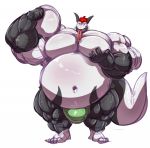  anthro big_bulge big_muscles bobert bodily_fluids bulge dragon flexing hair hi_res huge_bulge huge_muscles hyper hyper_bulge hyper_muscles looking_at_viewer male musclegut muscular open_mouth red_hair saliva simple_background tetsuchi_konawa tongue tongue_out white_background 