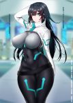  1girl aqua_eyes arm_behind_back belt black_hair bodysuit breasts commentary_request covered_navel covered_nipples dated gundam_build_divers_re:rise highres large_breasts long_hair may_(gundam_build_divers_re:rise) solo thighs translation_request twitter_username wide_hips xiangzi_box 
