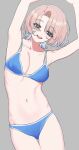  1girl acaa arimura_mao armpits arms_up asymmetrical_bangs bare_shoulders bikini blue_bikini blue_hair blush breasts cleavage collarbone commentary cowboy_shot dot_nose gakuen_idolmaster gradient_hair grey_background hair_over_one_eye idolmaster large_breasts looking_at_viewer multicolored_hair navel open_mouth pink_hair purple_eyes ribs simple_background smile solo standing swimsuit teeth upper_teeth_only 
