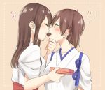  2girls akagi_(kantai_collection) blush bou_(wataame) brown_eyes brown_hair chocolate eating heart indirect_kiss japanese_clothes kaga_(kantai_collection) kantai_collection long_hair multiple_girls muneate nontraditional_miko side_ponytail straight_hair tasuki yuri 