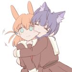  +++ 2girls animal_ear_fluff animal_ears aqua_eyes biting blush brown_dress cheek_biting closed_eyes closed_mouth commentary crossed_bangs dress hair_ornament hasu_no_sora_school_uniform highres hinoshita_kaho hug kemonomimi_mode link!_like!_love_live! lone_nape_hair long_hair long_sleeves love_live! medium_hair moyang multiple_girls neckerchief orange_hair otomune_kozue purple_hair rabbit_ears rabbit_girl rabbit_hair_ornament red_neckerchief sailor_collar sailor_dress school_uniform side_ponytail sidelocks simple_background split_mouth two_side_up upper_body v_arms virtual_youtuber white_background white_sailor_collar winter_uniform wolf_ears wolf_girl yuri 