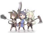  3girls :3 :d animal_ear_fluff animal_ears armor axe black_hair blue_eyes blush brown_gloves brown_hair cat_ears cat_tail chibi closed_eyes commentary_request full_body gloves green_hair hair_ornament hairclip long_hair looking_at_viewer mace mofu_namako multiple_girls open_mouth original purple_eyes short_hair simple_background smile standing sword tail weapon white_background 