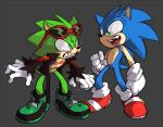  8xenon8_(artist) angry anthro archie_comics blue_body blue_eyes blue_fur clenched_teeth clothing duo eulipotyphlan eyewear fist footwear fur gloves green_body green_eyes green_fur grey_background handwear hedgehog jacket looking_at_another male mammal scar scourge_the_hedgehog sharp_teeth shoes simple_background sonic_the_hedgehog sonic_the_hedgehog_(archie) sonic_the_hedgehog_(comics) sonic_the_hedgehog_(series) standing sunglasses teeth topwear 