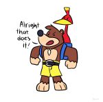  2019 angry avian backpack banjo-kazooie banjo_(banjo-kazooie) belt black_nose bottomwear breegull brown_body brown_fur clothed clothing dialogue duo feathers female fur hi_res jewelry kazooie male mammal necklace open_mouth rareware red_body red_feathers shorts simple_background skeletonguys-and-ragdolls sketch standing topless ursid video_games white_background 