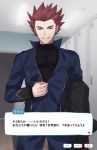  1boy fake_screenshot grey_eyes half-closed_eyes jacket lifted_by_self lock locker looking_at_viewer maccha_(mattya_xxxx) male_focus parted_lips pokemon pokemon_(game) pokemon_hgss pokemon_masters red_hair shirt_lift solo spiked_hair translation_request wataru_(pokemon) zipping 