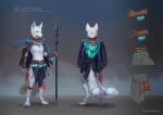  2020 2_tails anklet anthro belt blue_eyes canid canine cloak clothed clothing digital_media_(artwork) english_text etis fox fur gloves handwear hi_res holding_object jewelry loincloth looking_at_viewer male mammal markings model_sheet multi_tail saterina simple_background solo staff standing text tribal weapon white_body white_fur 
