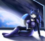  absurd_res anthro big_breasts blue_body blue_eyes blue_fur blue_hair bodysuit breasts canid canine circlet clothed clothing crossed_legs curvy_figure dipstick_tail female fluffy fluffy_tail fox fully_clothed fur hair hi_res holding_tail hourglass_figure inside krystal looking_at_viewer mammal multicolored_tail nintendo on_ground open_mouth pose sitting skinsuit sky smile solo space star star_fox starry_sky tail_ring tight_clothing treyer video_games wide_hips 