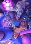  2020 3_fingers ambiguous_gender blue_body blue_fur canid canine detailed_background felid feline fingers fur hi_res legendary_pok&eacute;mon lucario lunar_eyes_illustration mammal mewtwo nintendo pok&eacute;mon pok&eacute;mon_(species) purple_eyes red_eyes video_games 