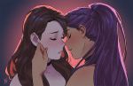  2girls artist_name braid brown_hair closed_eyes couple dark_background dorothea_arnault fire_emblem fire_emblem:_three_houses imminent_kiss kathryn_layno long_hair multiple_girls parted_lips petra_macneary ponytail purple_hair smile upper_body yuri 