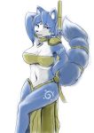  anthro big_breasts blue_body blue_eyes blue_fur blue_hair bra breasts canid canine choker clothed clothing countershading curvy_figure female fox fur hair hi_res holding_object holding_staff hourglass_figure jewelry krystal leg_markings loincloth looking_at_viewer mammal markings midriff navel necklace nintendo open_mouth shoulder_guards simple_background sitting skimpy smile solo staff star_fox tail_ring treyer underwear video_games white_background white_body white_countershading white_fur white_markings wide_hips 